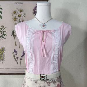 90s Y2k Lace Keyhole Tie Top Coquette Cottage Femme Romantic Dolly Dollette XL